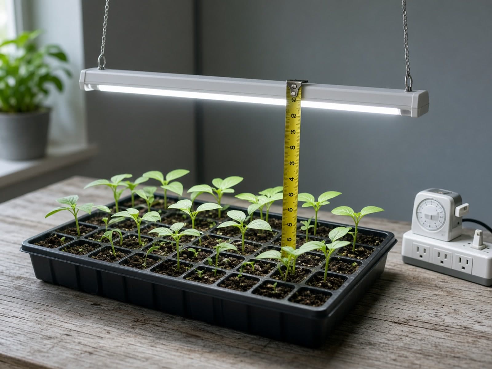 Adjustable full-spectrum LED bar hung over a seedling tray of cuttings, with a tape measure showing canopy distance and a timer on the power strip