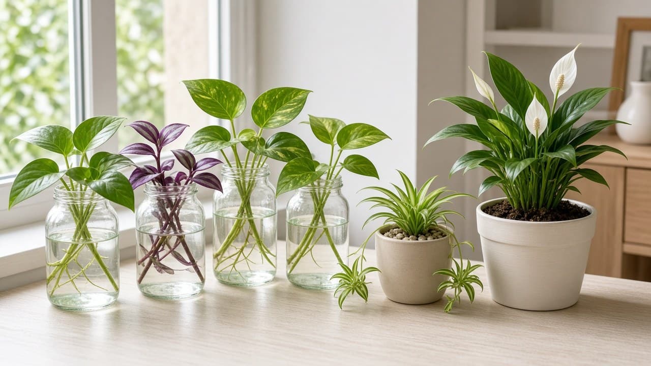 Beginner houseplant cuttings and plantlets in jars and small pots on a bright windowsill: pothos, spider plant pups, and a divided peace lily clump