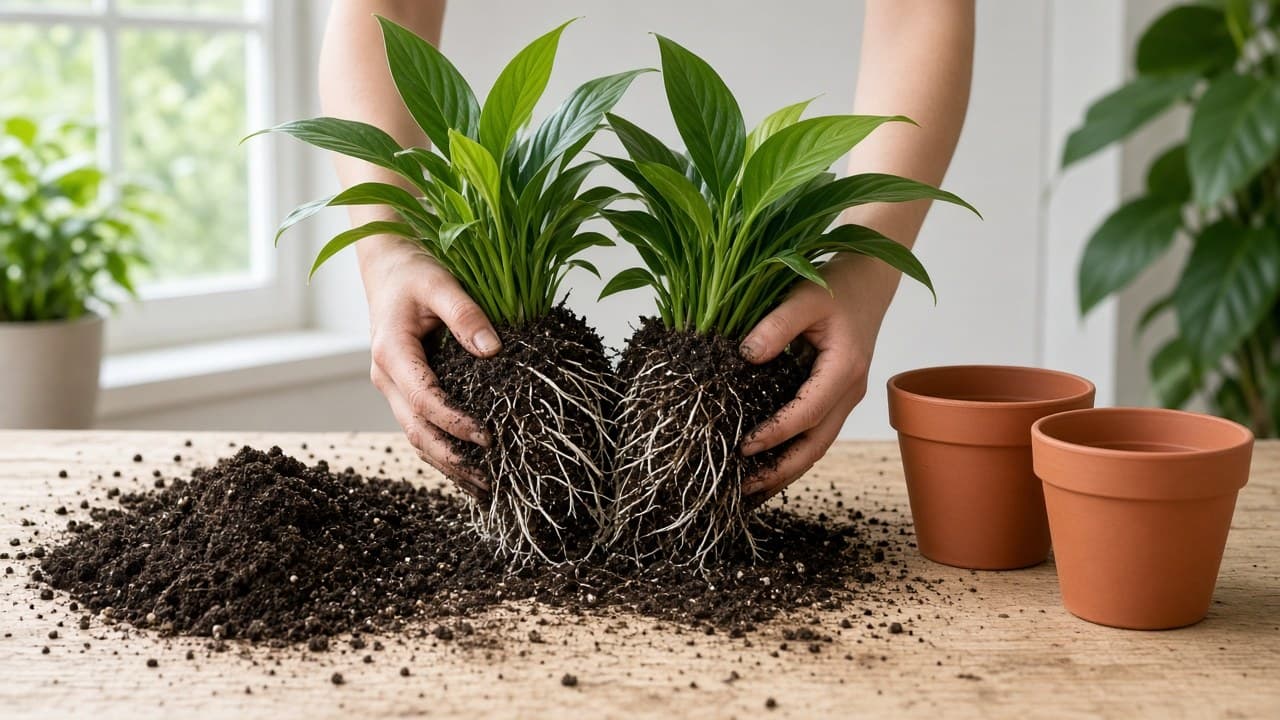 Hands separating a crowded houseplant root ball into two clumps with healthy leaves and roots on a potting bench