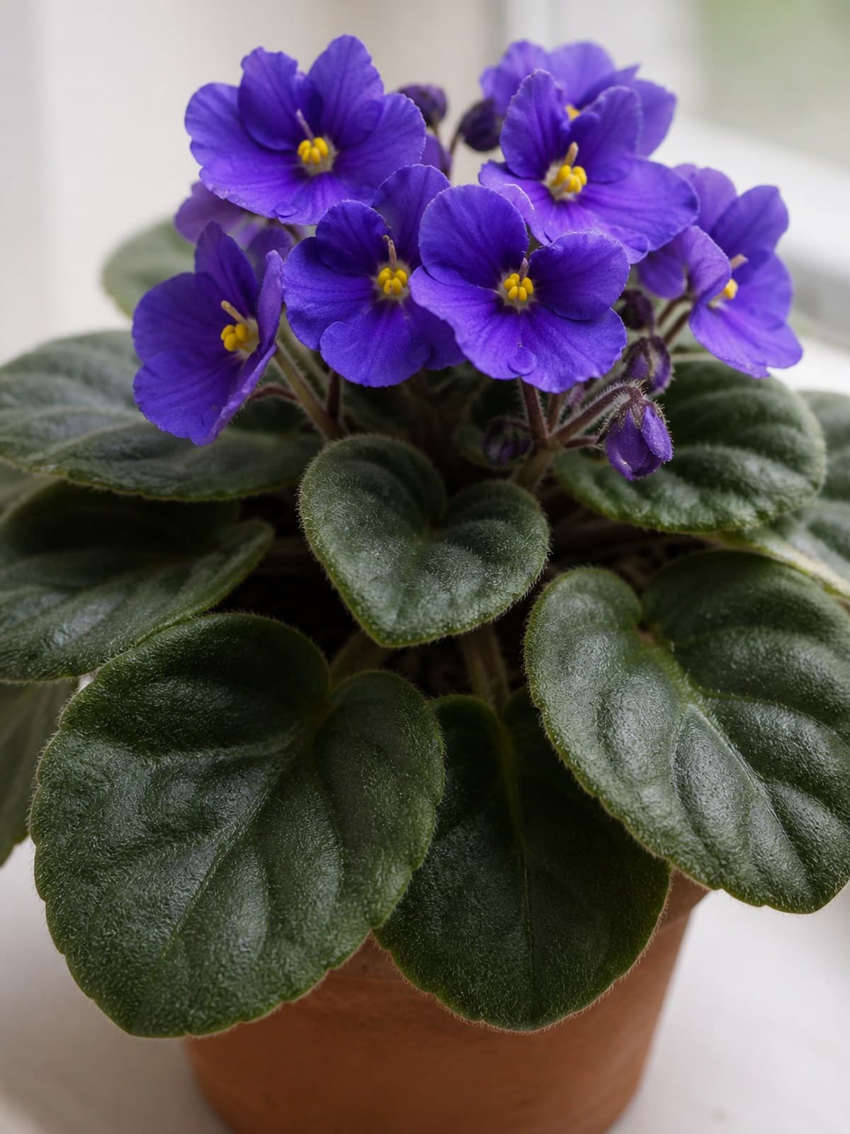 African violet Saintpaulia with velvety green leaves and purple blooms in a clay pot