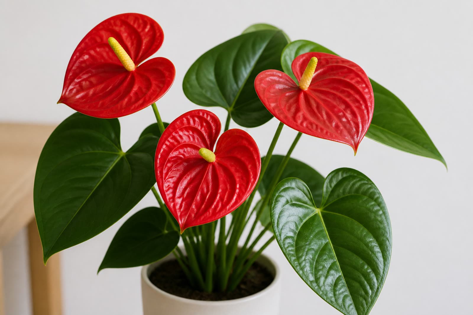 Potted Anthurium andraeanum flamingo flower with glossy heart-shaped leaves and red spathes with straight yellow spadices