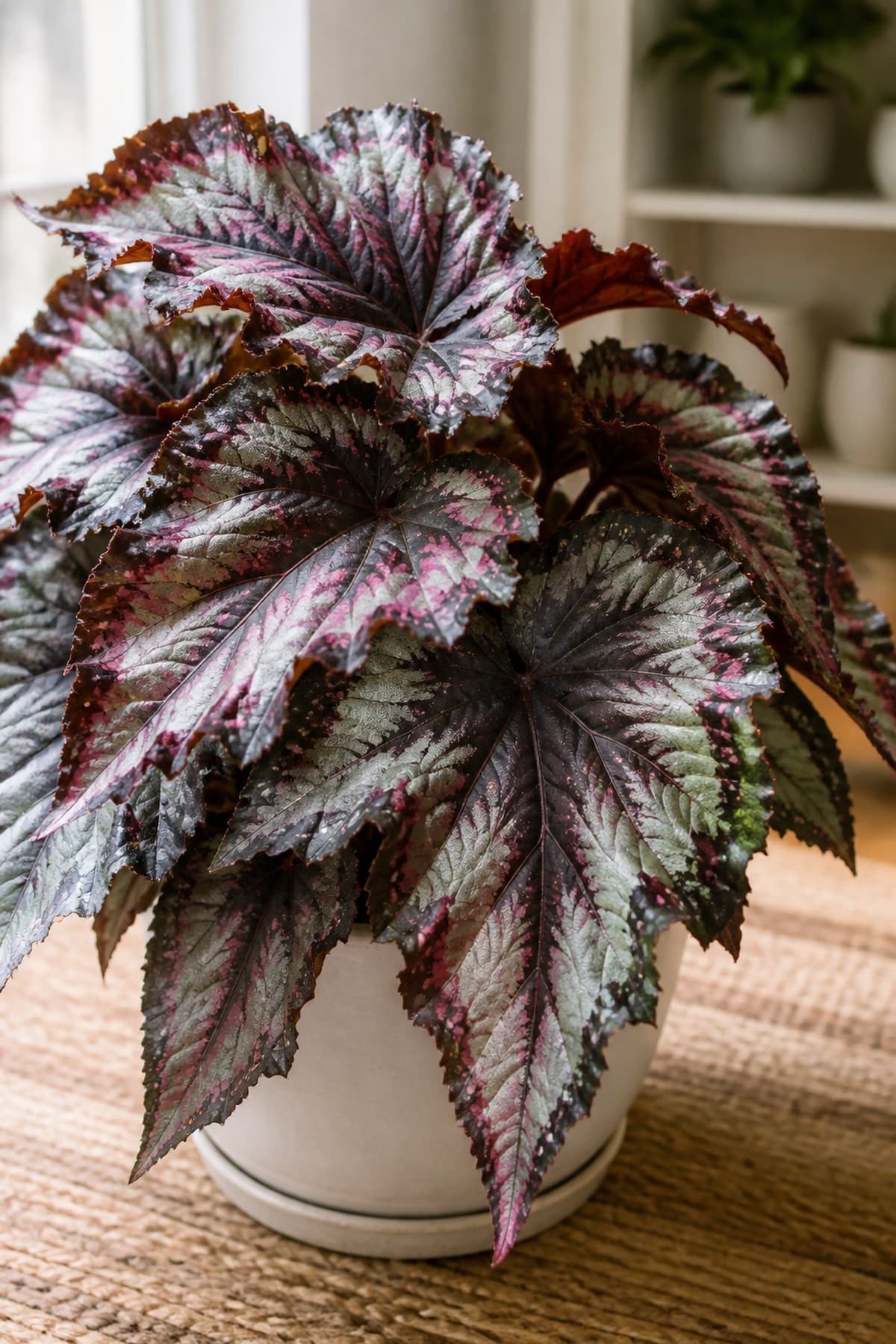 Rex begonia houseplant with silver, green, and burgundy patterned leaves
