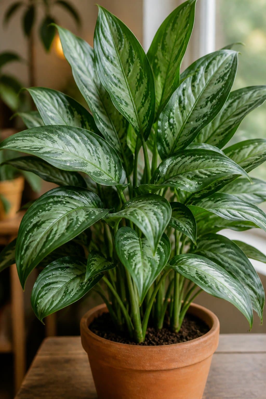 Chinese evergreen Aglaonema with silver-variegated green lance leaves in a terracotta pot
