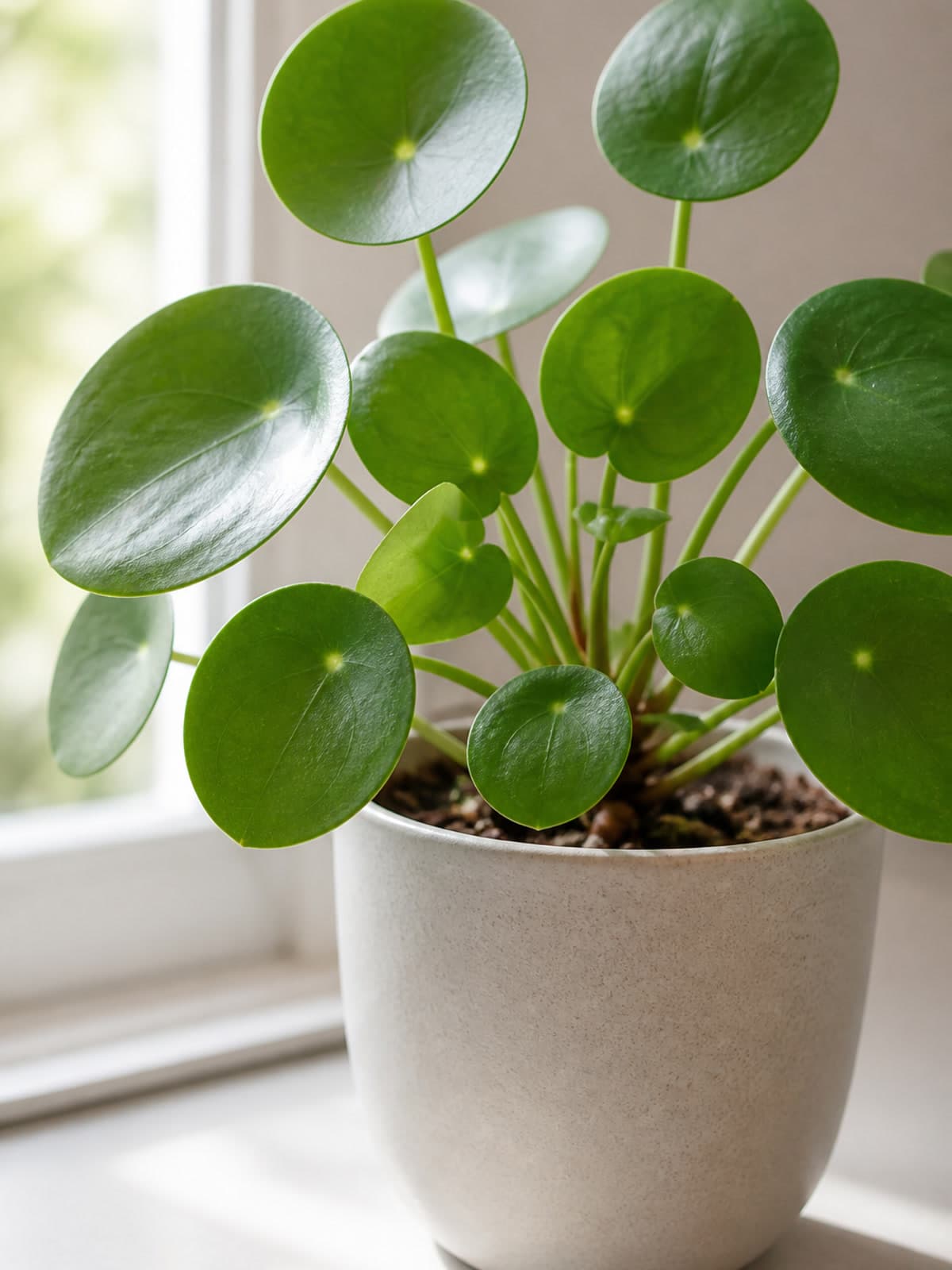Chinese money plant (Pilea peperomioides) with round peltate green leaves on slender petioles