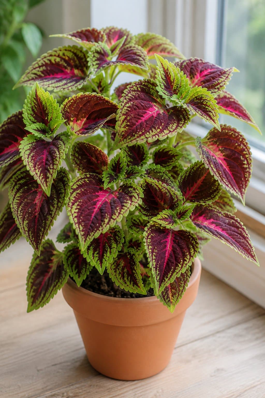 Coleus scutellarioides with burgundy, lime, and magenta patterned leaves in a terracotta pot