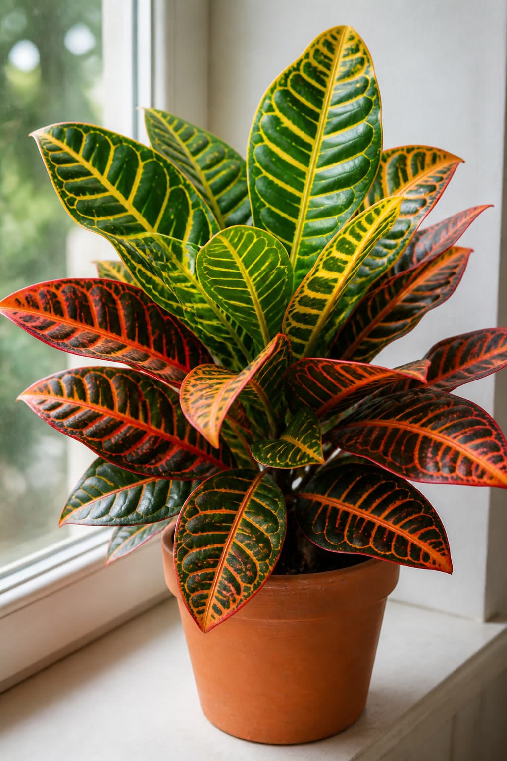 Garden croton Codiaeum variegatum with glossy green, yellow, orange, and red variegated leaves in a terracotta pot