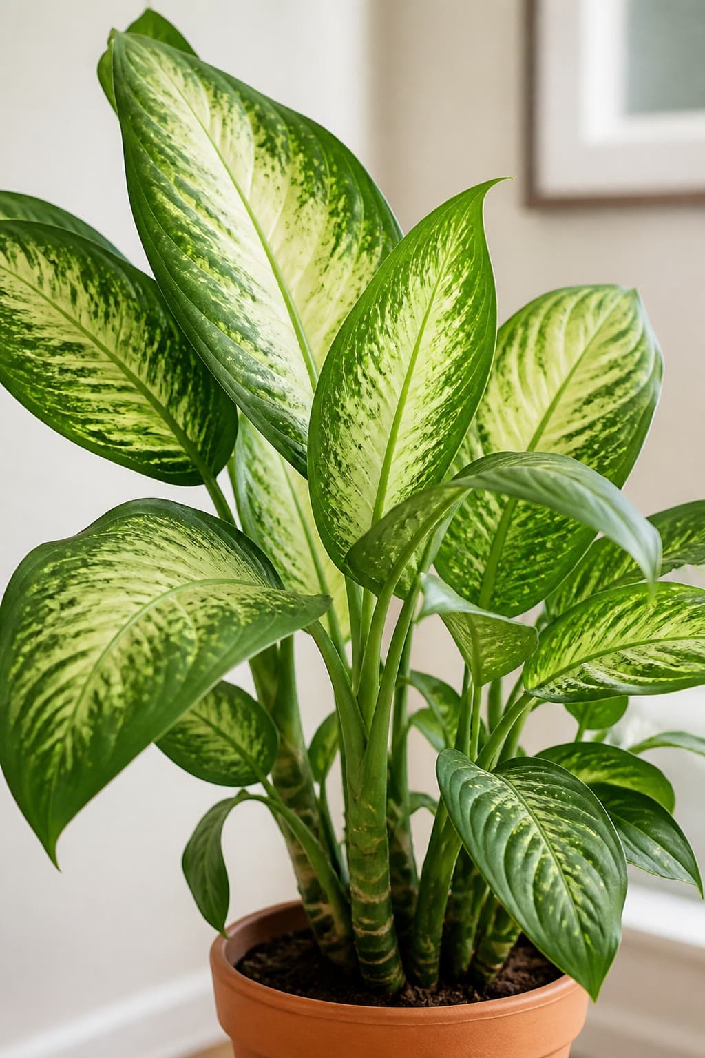Dieffenbachia dumb cane with cream-blotched green leaves on thick cane stems in a terracotta pot