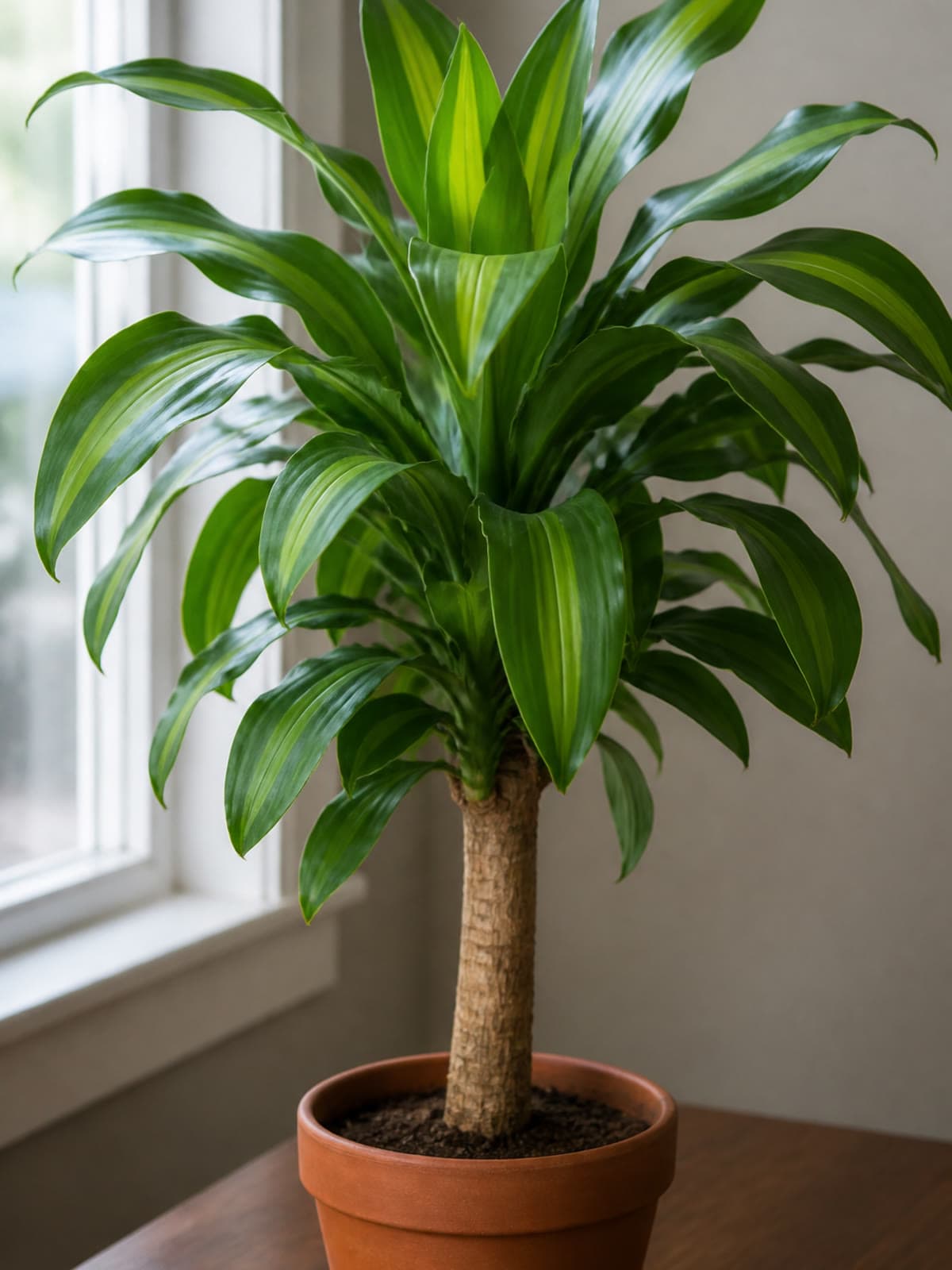 Dracaena fragrans corn plant with a woody cane stem and glossy strap-like leaves with a yellow-lime central stripe