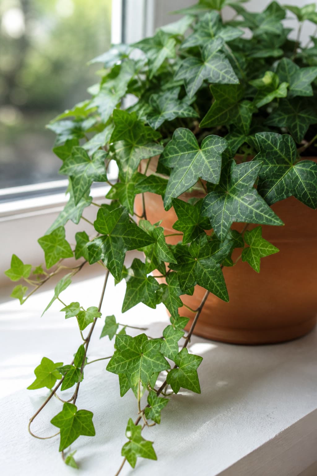 Hedera helix English ivy with lobed glossy green leaves trailing from a terracotta pot