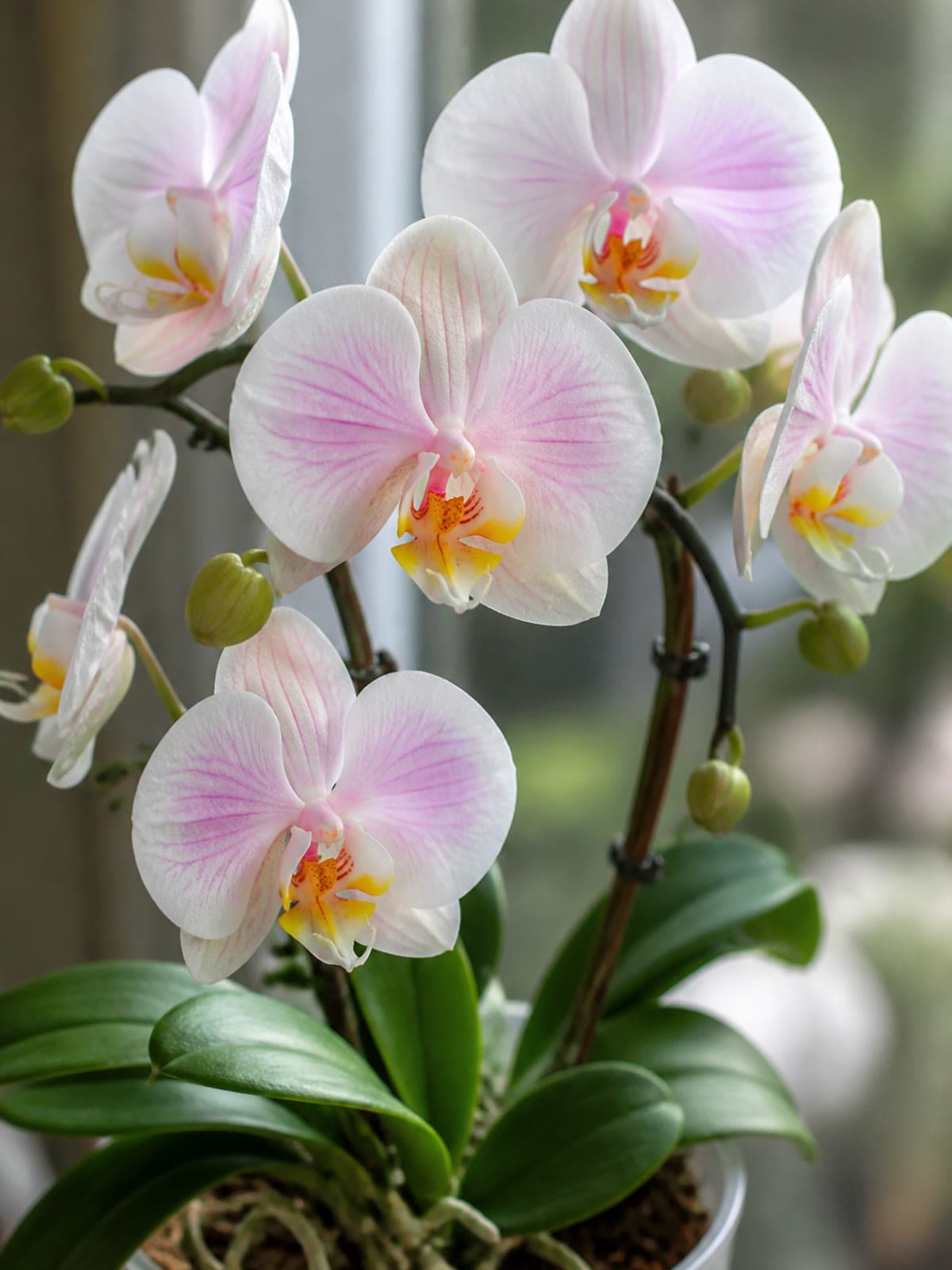 Moth orchid (Phalaenopsis) with white and soft pink blooms on arched spikes above glossy green leaves