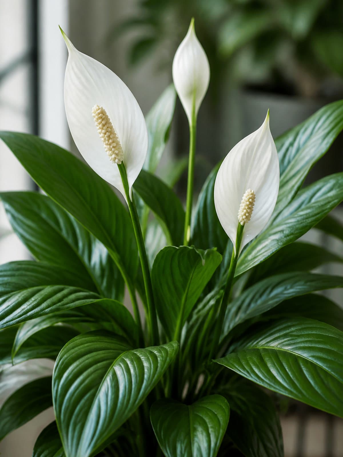 Spathiphyllum peace lily with glossy green leaves and upright white spathes