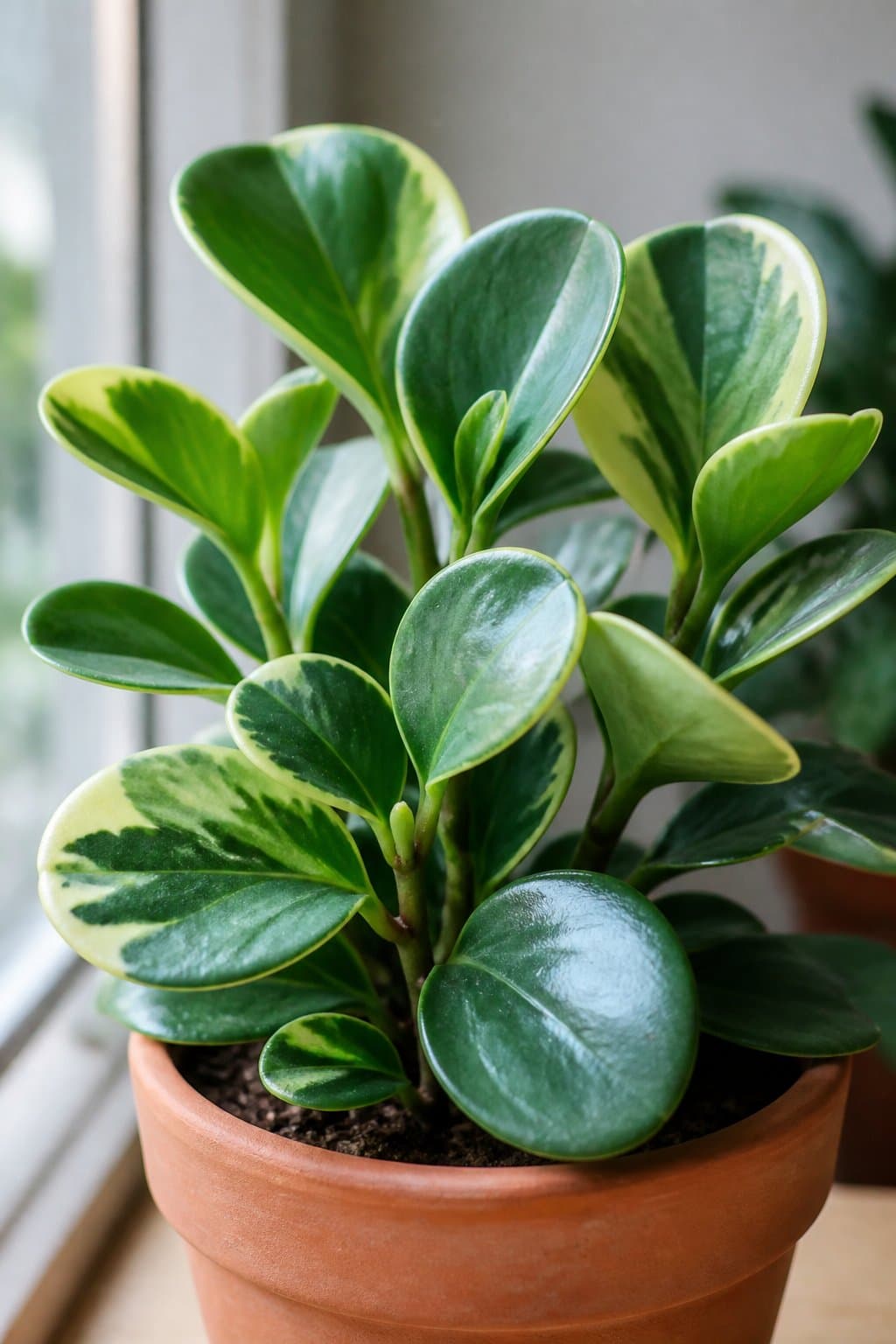 Peperomia obtusifolia baby rubber plant with thick glossy green leaves and cream variegation