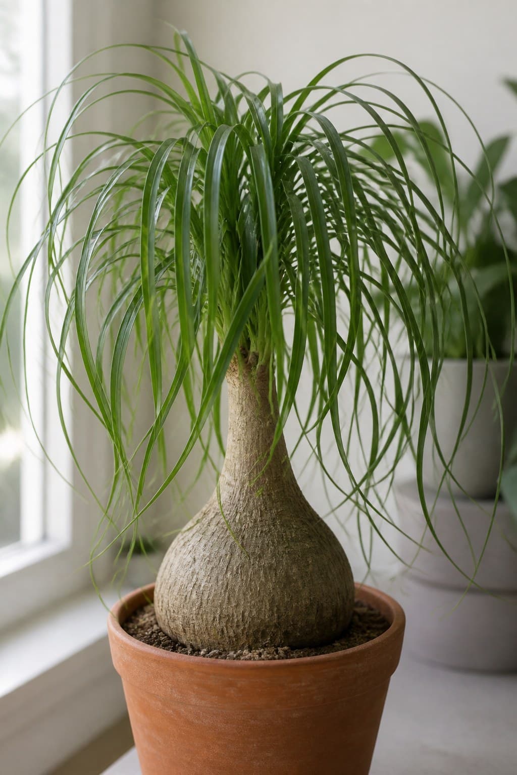Ponytail palm Beaucarnea recurvata with a swollen elephant-foot caudex and cascading strap leaves in a terracotta pot