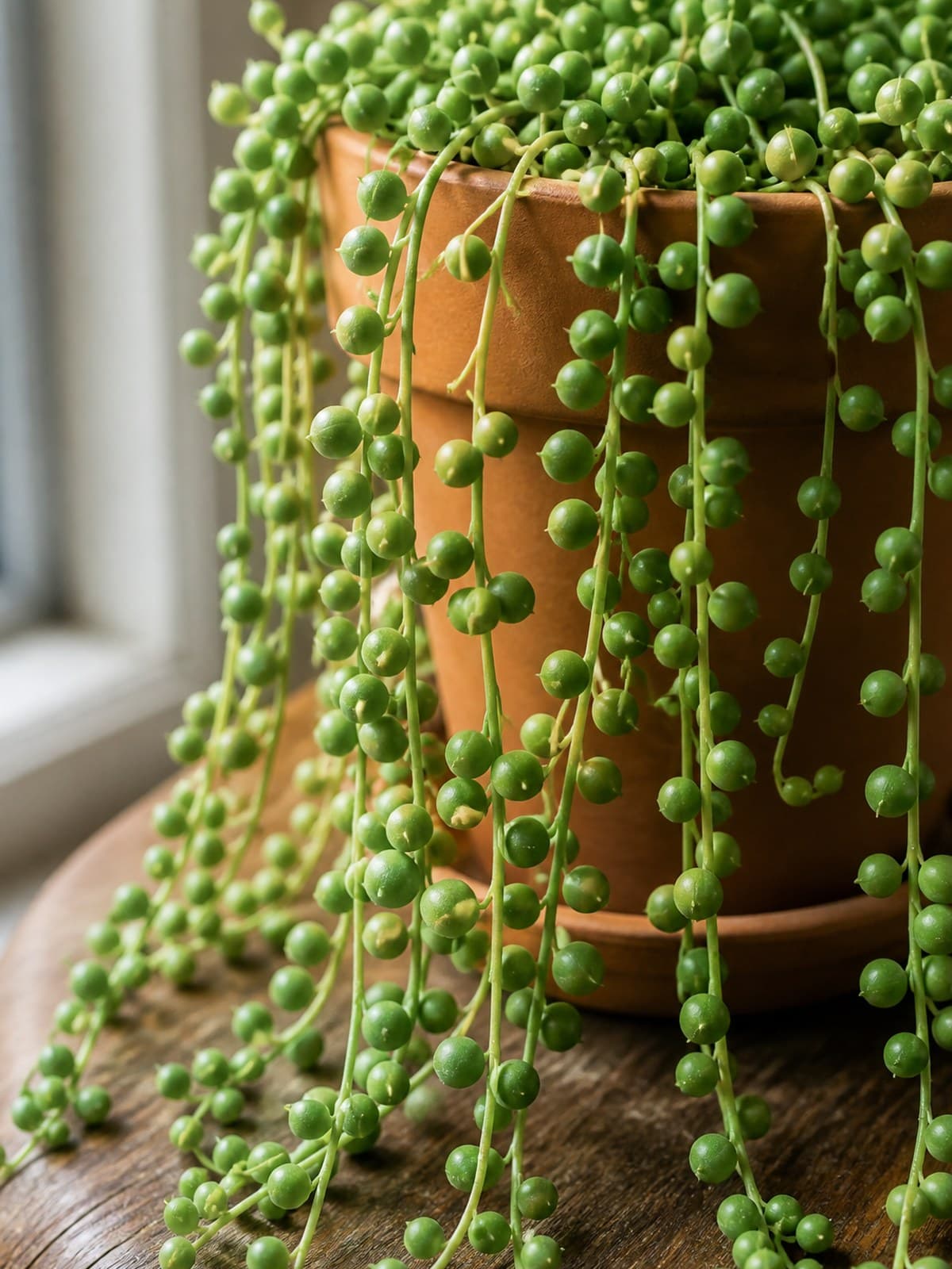 Trailing string of pearls (Curio rowleyanus) with round bead-like green leaves cascading from a pot