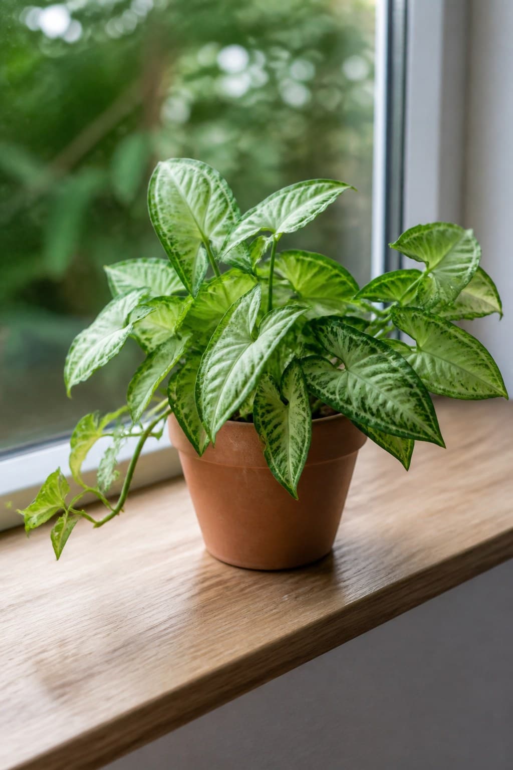 Potted Syngonium podophyllum arrowhead plant with cream-and-green arrowhead leaves on a windowsill