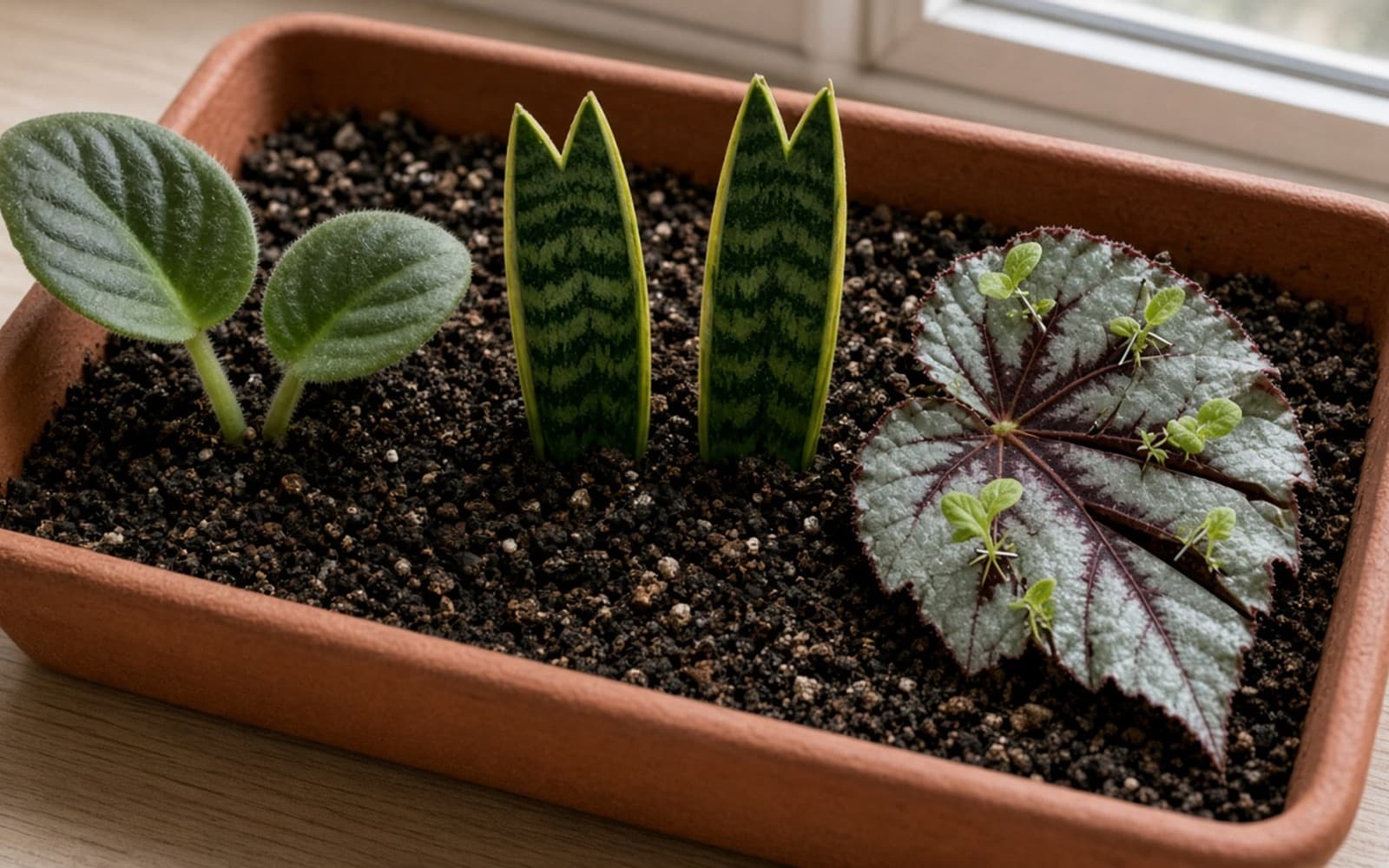 Leaf cuttings rooting in a tray of moist mix: African violet leaves with petioles inserted at an angle, snake plant leaf sections standing upright, and a rex begonia leaf pinned flat with tiny plantlets at the cut veins