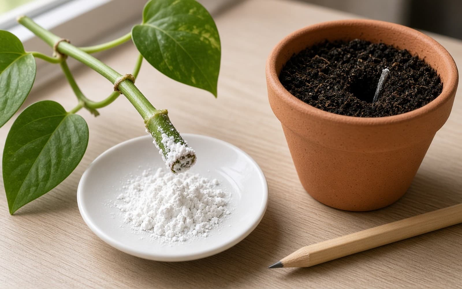 Softwood cutting with its cut end dipped in white rooting powder from a small separate dish, beside a pot of moist mix and a pencil for opening the planting hole